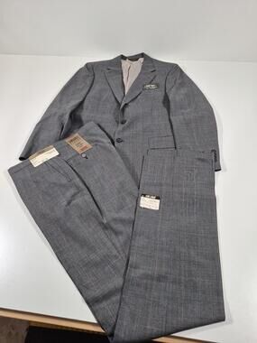 VTG Sansabelt Suit Mens 42 Long Gray Poly Wool Plaid 2 Piece 36x36 USA NWT